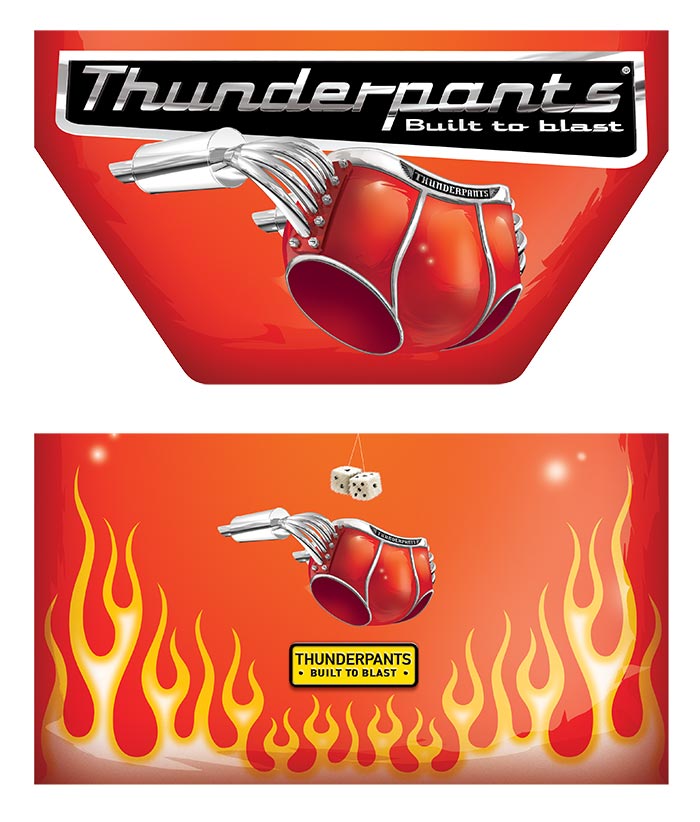 Illustrations of shiny underpants with exhaust pipes