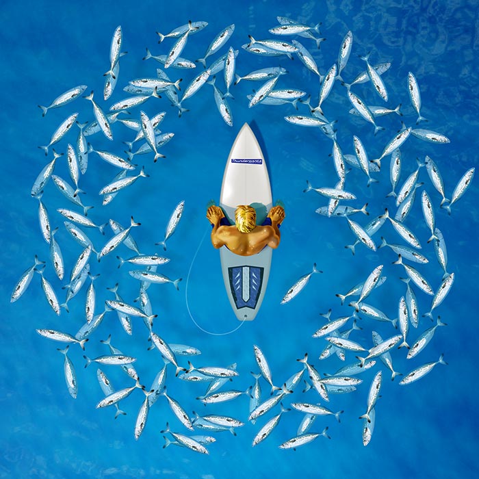 Illustration of surfer in water surrounded by dead fish