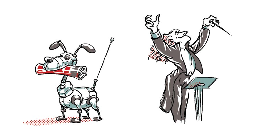 Black line and flat colour illustration of a mechanical dog and orchestra conductor