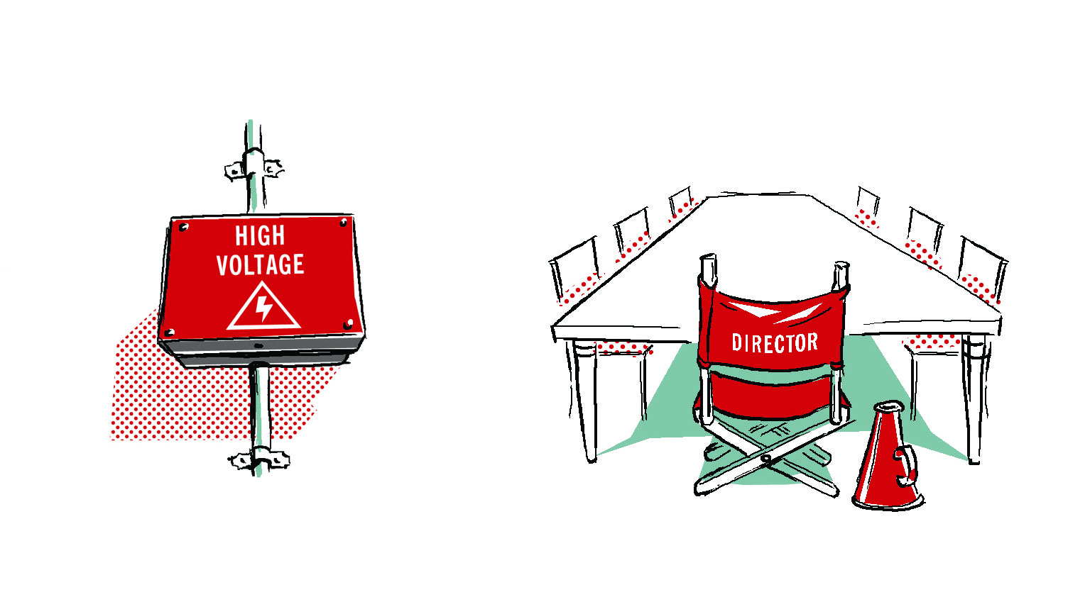 Black line and flat colour illustrations of a fuse box and a meeting table