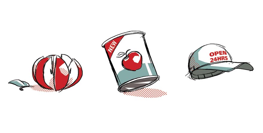 Black line and flat colour illustrations of a sliced Apple, tinned fruit and baseball cap
