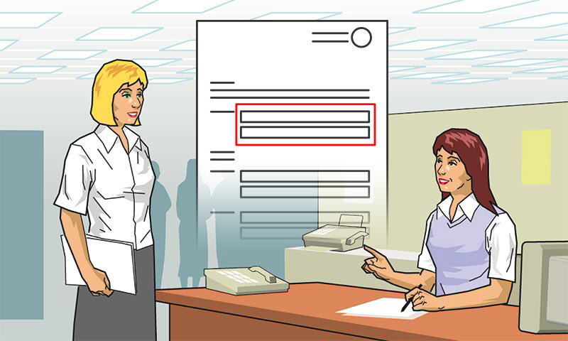 Graphic line and colour illustration of two people in an office