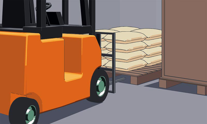 Graphic line and colour illustration of a forklift and sacks of rice