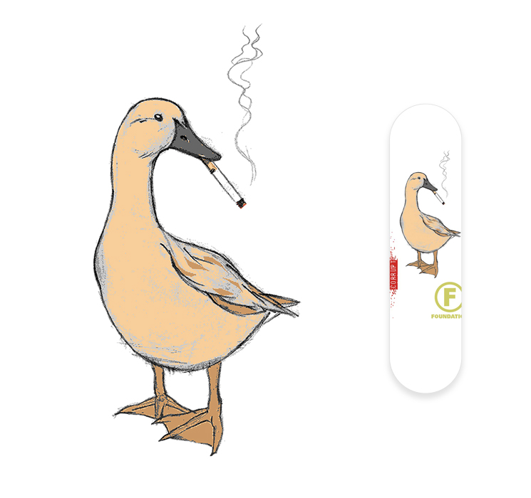 Pencil and flat colour illustration of a duck with a cigerette in it's bill