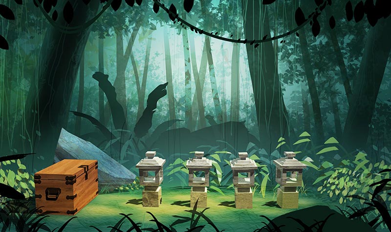 Digital painting of lanterns in jungle